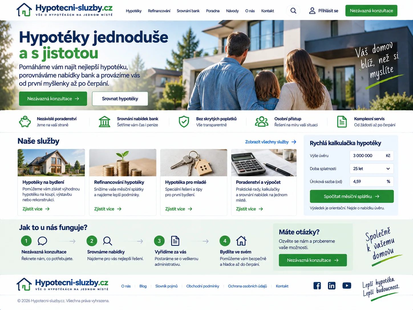 Ilustrační návrh webu Hypotecni-sluzby.cz s přehledem odborných služeb a hypoteční kalkulačkou